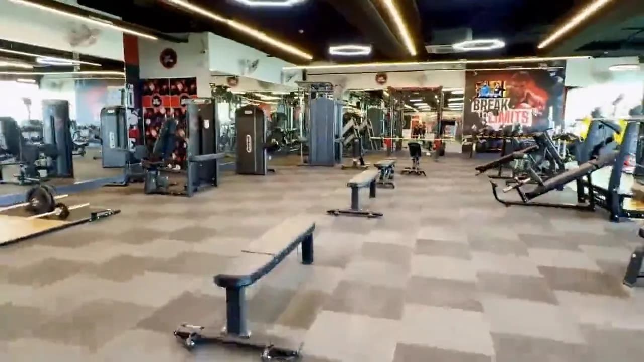 A wide gym machine floor under hexagon lights: flat benches, plate-loaded machines and a red-and-black mural on the far wall