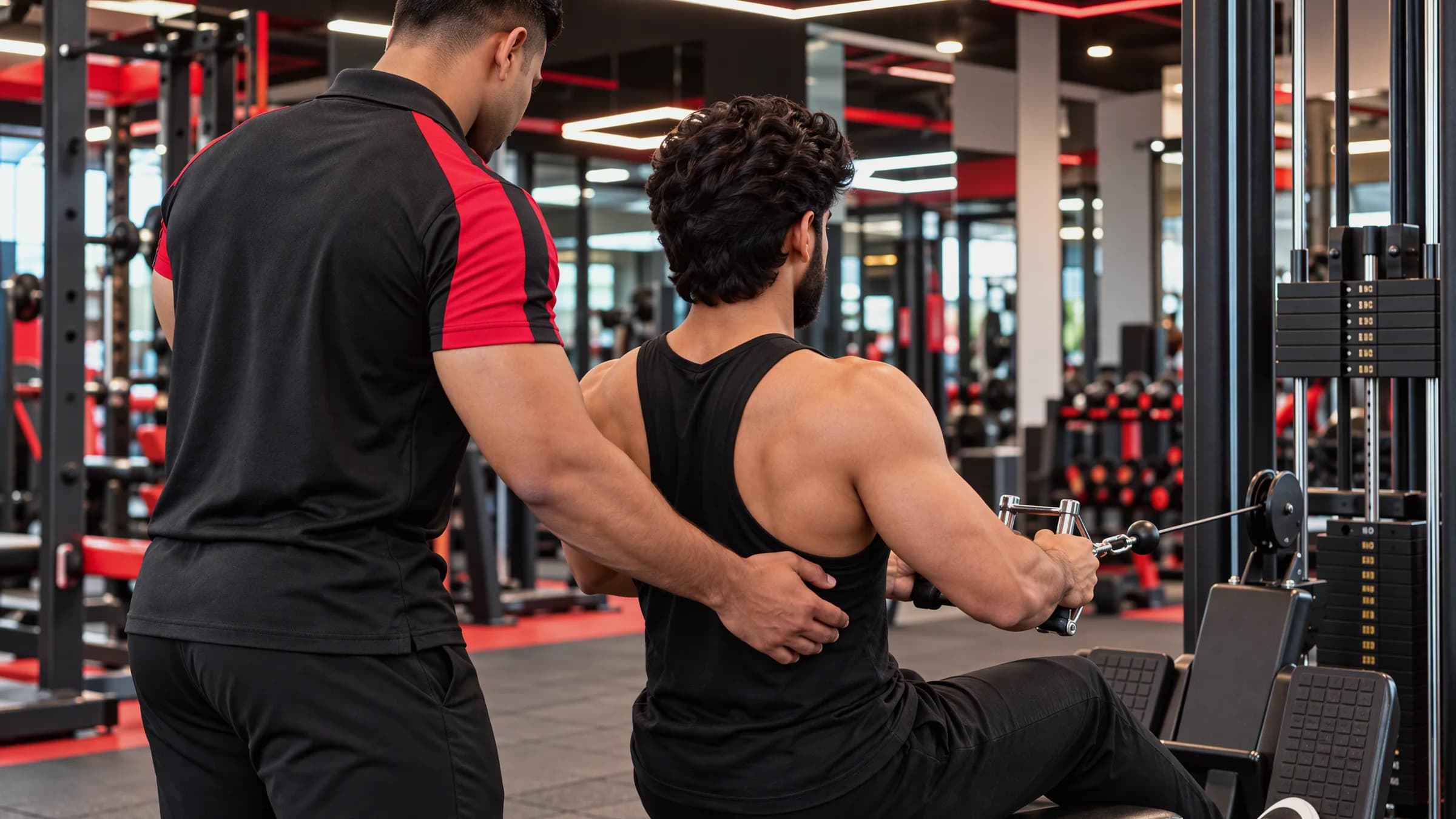 A trainer guiding a member through a seated cable-machine exercise on a gym floor