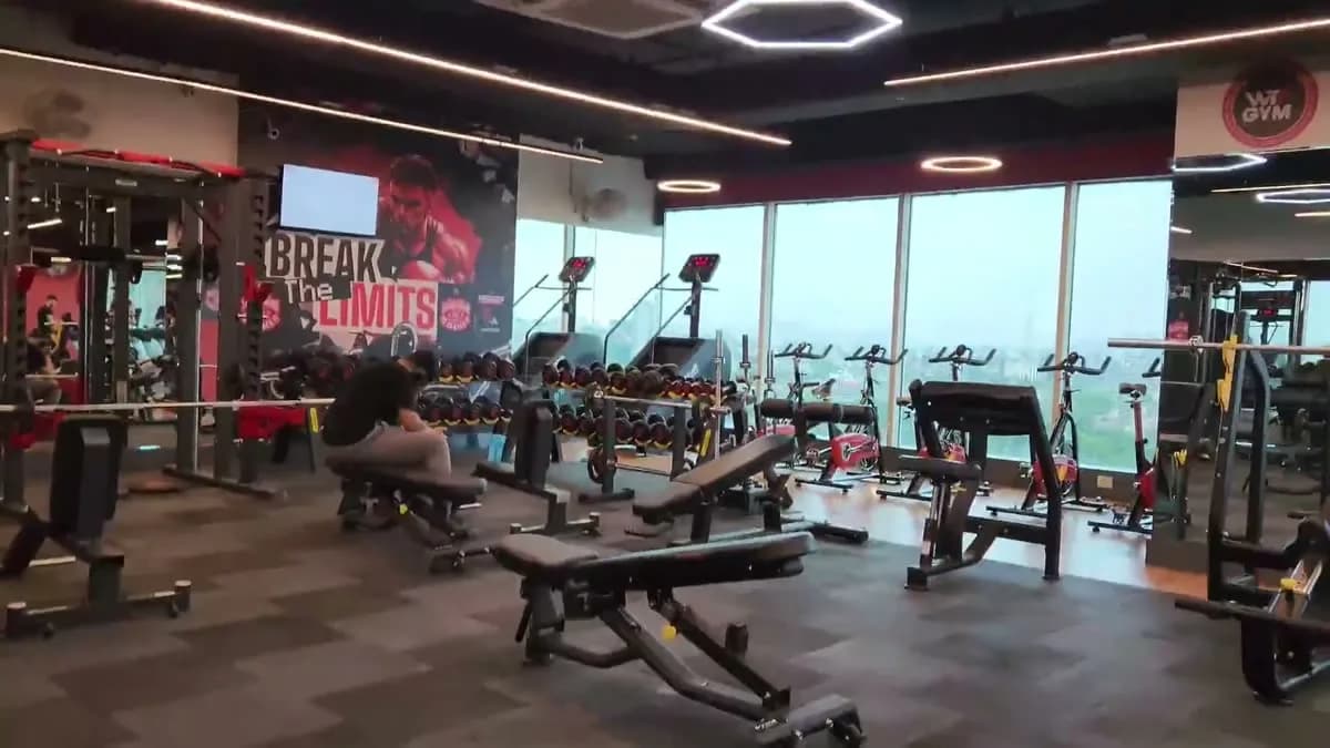WTF gym floor with a dumbbell rack, cardio machines and a city-view window wall