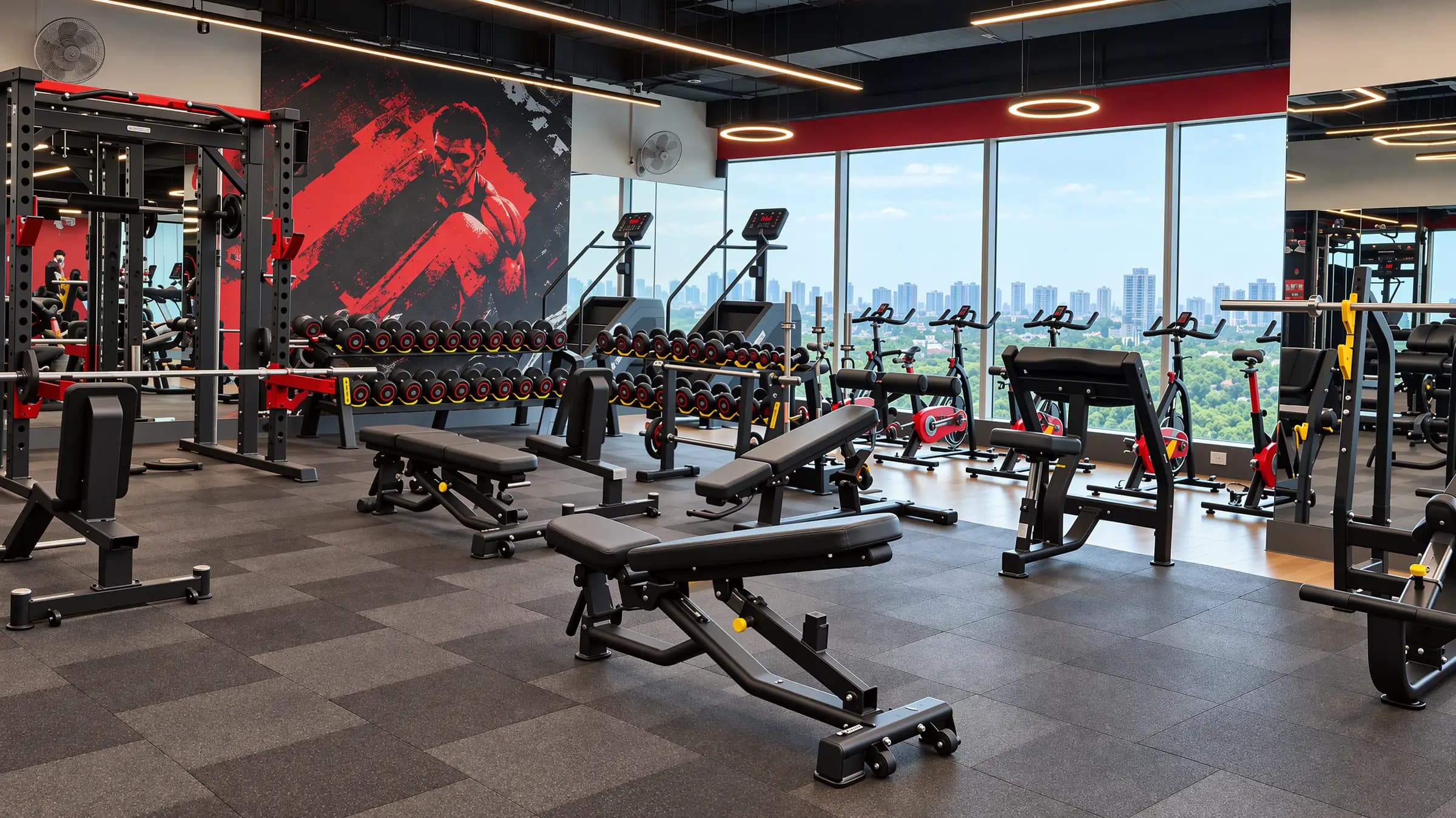 Gym floor with adjustable benches, a dumbbell rack and a city-view window wall
