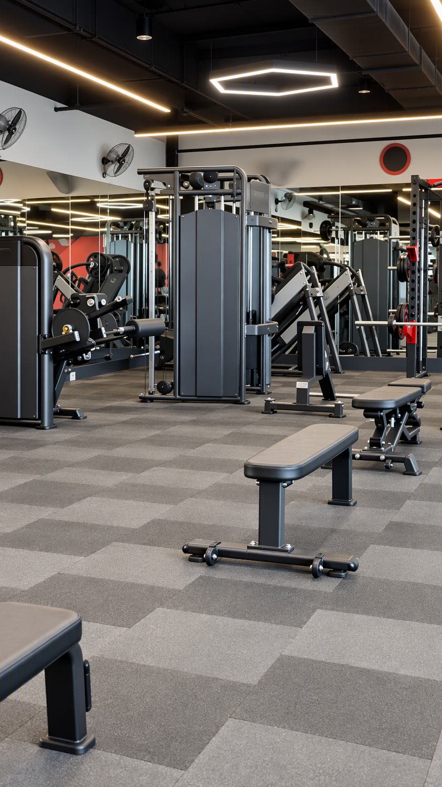 Vertical view of the same machine floor: plate-loaded machines, flat benches and a grey tiled floor